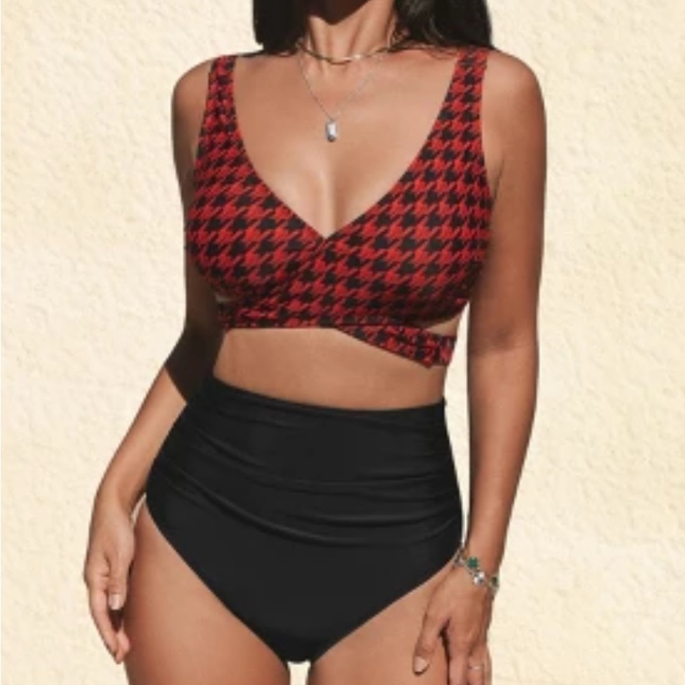 Cupshe Red and Black Houndstooth Wrap Bikini Top with Black Bottom